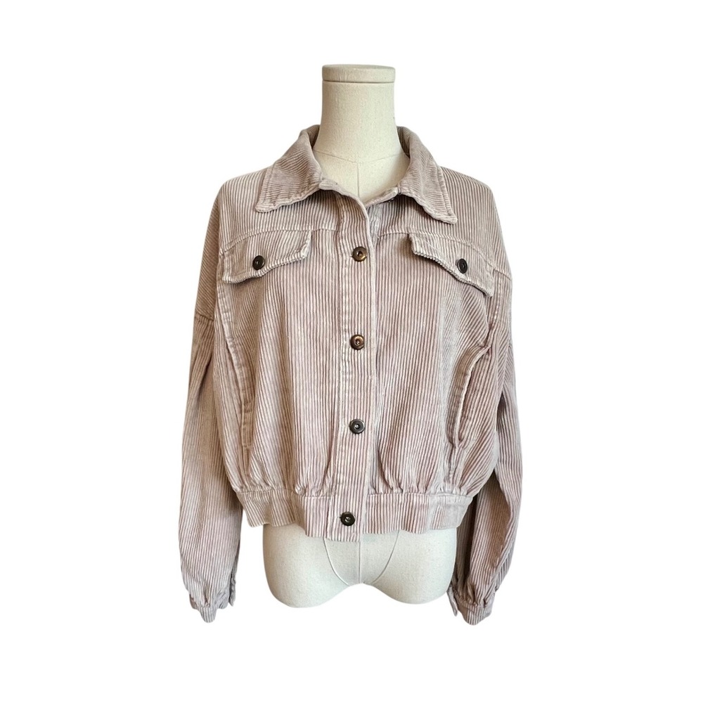 She + Sky Taupe Corduroy Cropped Puff Sleeve Button Up Jacket Beige Medium NWT